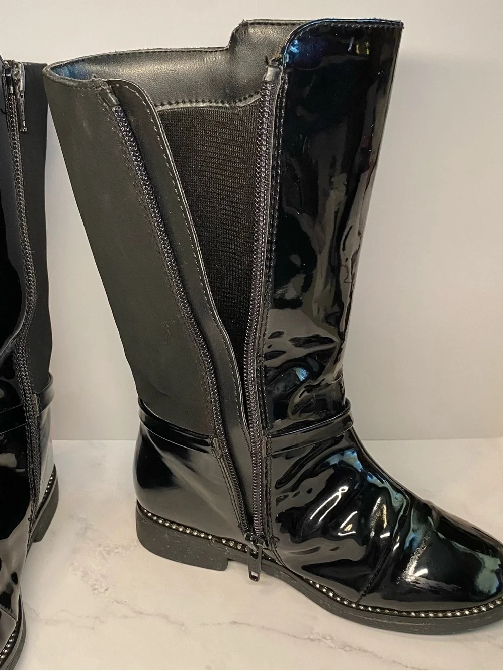 Place Black Patent Jeweled Tall Boots With Side Bow Size 10